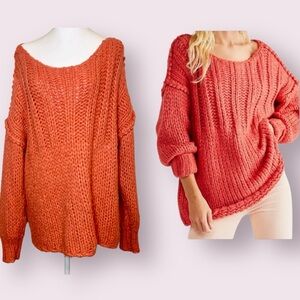 Free People Be There Chunky Knit Pullover Sweater Coral Oversized Small